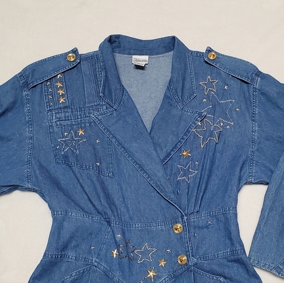 VINTAGE 80s Styleworks Beaded Star Studded Pleated Wide Leg Culotte Denim Romper - Picture 5 of 16